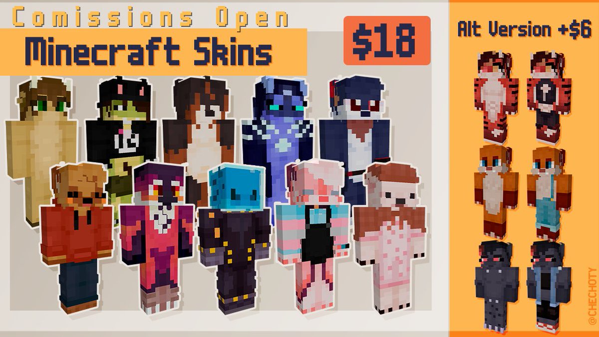 CheChoTy's tweet image. π! Custom MINECRAFT SKINS ! π more slots OPEN
- Only the skin $18
- Alt version + $6
βοΈI can do any character but I'm best at furries. DM for more info.
πRTs and Likes are appreciated
more examples β¬οΈ