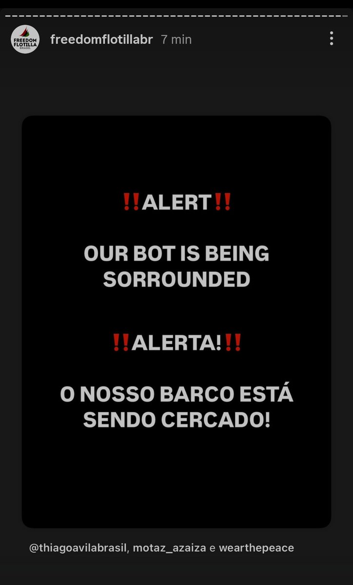 Galera O MADLEEN ACABOU DE SER CERCADO 

ISRAEL ESTA INTERCEPTANDO A MISSÃO 

ISRAEL ESTÁ COMETENDO MAIS UM CRIME DE GUERRA AO IMPEDIR A AJUDA HUMANITÁRIA DE CHEGAR EM GAZA

ESPALHEM A NOTÍCIA #MadleenToGaza
#FreedomFlottila #FreePalestine