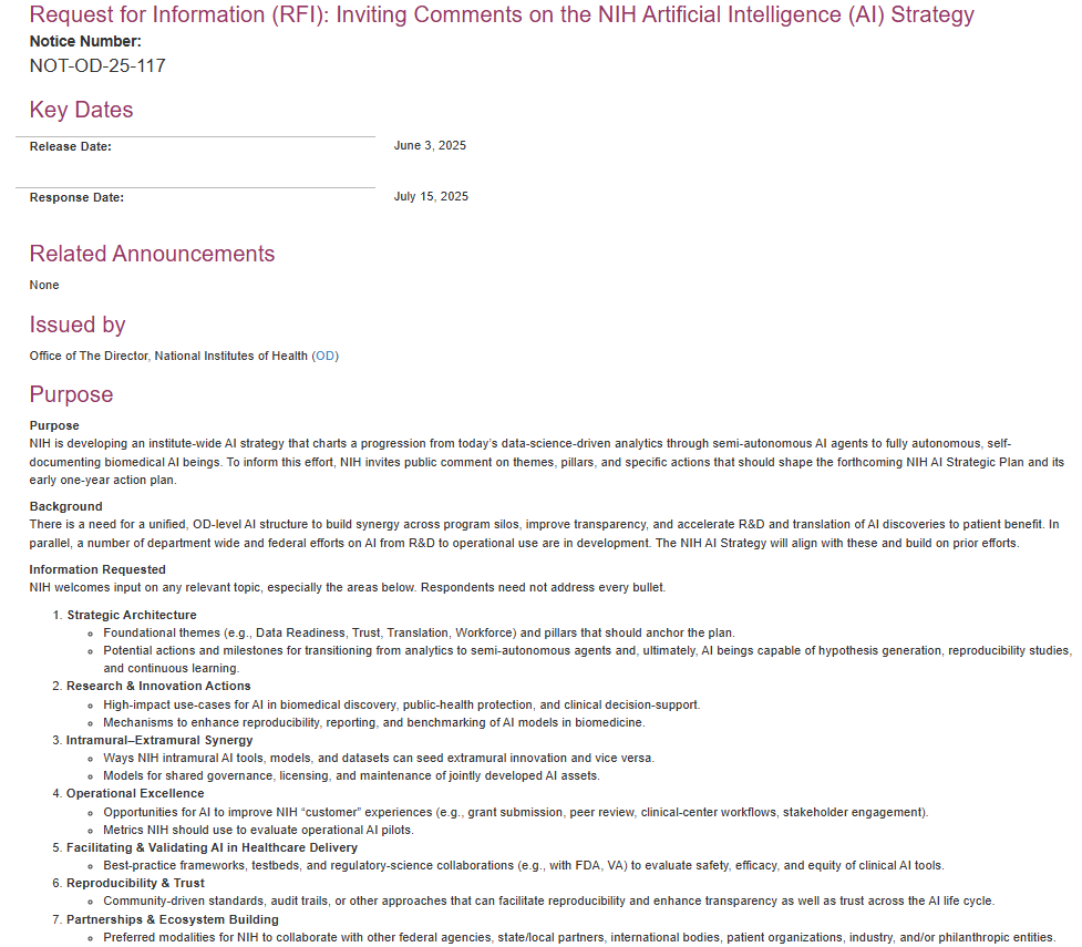 First the <a href="/US_FDA/">U.S. FDA</a> and now the <a href="/NIH/">NIH</a> wants to forge ahead with AI. 

Check out this consultation ... deadline is July 15. 

The US is moving with purpose and urgency ... can't say this for Canada, sigh. 

#cdnpoli #cdnhealth #SovereignAI
<a href="/EvanLSolomon/">Evan Solomon</a> 
grants.nih.gov/grants/guide/n…