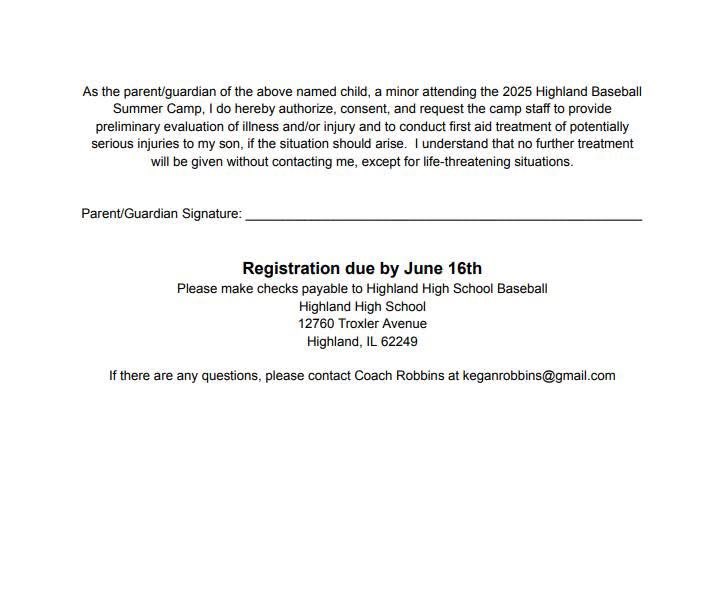 Our annual summer baseball camp is approaching quickly!

Players entering grades 2nd-5th will be held on June 30th- July 2nd.

Players entering grades 6th-9th will be held on July 8th- July 10th. 

Both camps will be held at Highland High School.