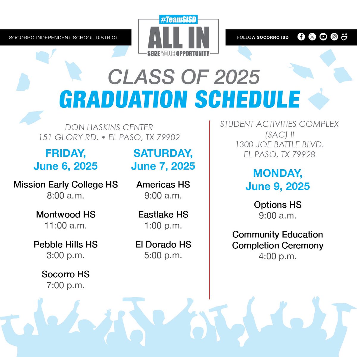 We’re not done yet! 🎓 The celebration continues tomorrow as #TeamSISD honors the graduates of Options High School and Community Education. Let’s keep the celebrations rolling and cheer on every graduate! #TeamSISD2025