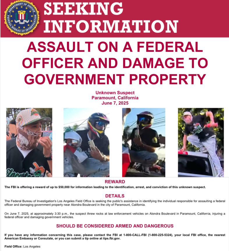 UPDATE: The FBI is now offering a $50,000 reward for information leading to the arrest of the dude who threw rocks at ICE agents in LA

Anyone recognize him??