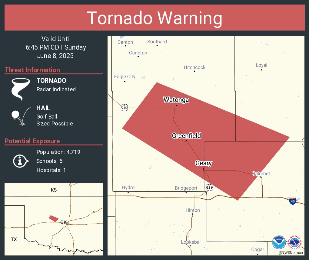 Tornado Warning including Watonga OK, Geary OK and  Greenfield OK until 6:45 PM CDT