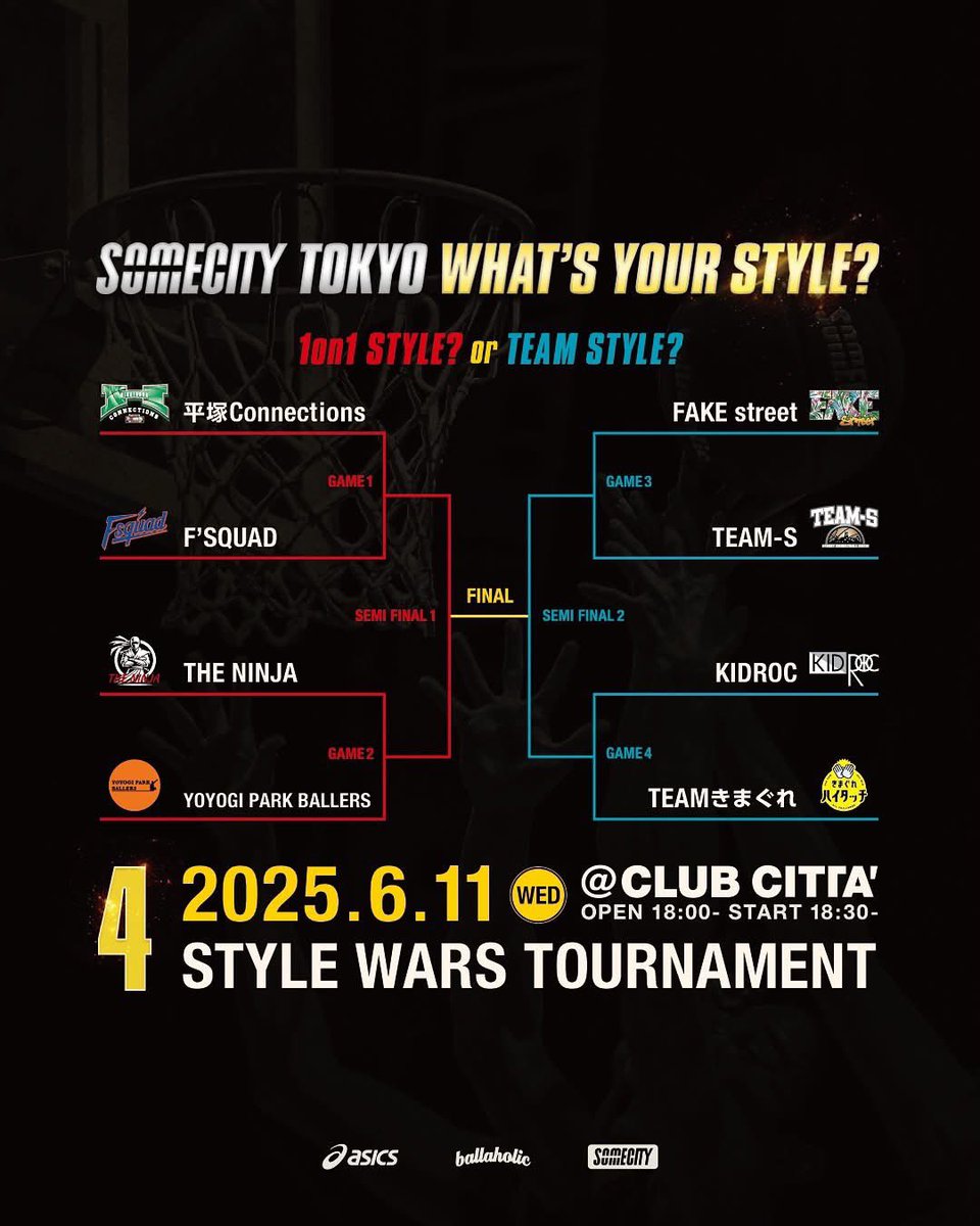 TeamS_DJKENKEN's tweet photo. 2025/06/11/WED
at CLUB CITTA'
OPEN 18:00 / START 18:30

SOMECITY TOKYO WHAT'S YOUR STYLE？ #4 
STYLE WARS 1DAY TOURNAMENT🏀
4回のスペシャルイベントはこれでラスト！

"何ができる？何がしたい？"

#SOMECITY #バスケ https://t.co/s1Qf8aqrMz