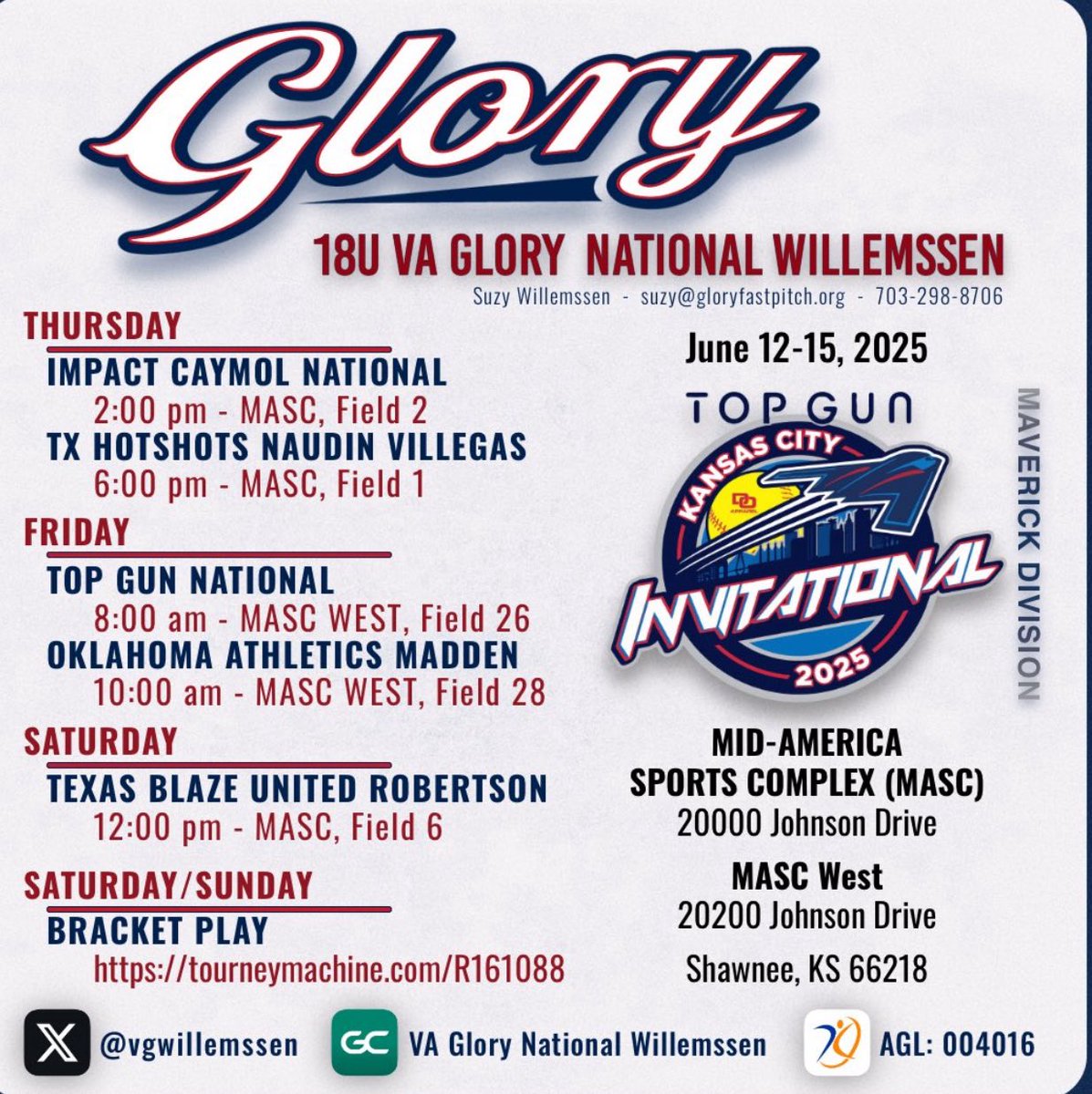 Ryleigh Dooley 2027 (@rydooley2027) on Twitter photo So excited to be out in Kansas City for Sweet 16, and TOP GUN Invitational Tournaments!! Here is our schedule for this week!!
<a href="/SuzyWillemssen/">Suzy Willemssen</a> <a href="/kevinbednoski/">Kevin Bednoski</a> <a href="/VGWillemssen/">VA Glory National Willemssen</a>
<a href="/VAGloryFP/">VA Glory Fastpitch</a>
<a href="/ExtraInningSB/">EXTRA INNING SOFTBALL</a> <a href="/LineDsoftball/">Line Drive Media</a>
<a href="/LegacyLegendsS1/">Legacy & Legends Softball</a>
<a href="/LoCoSports/">LoCoSports</a>
<a href="/VHSL_/">VHSL Athletics</a> So excited to be out in Kansas City for Sweet 16, and TOP GUN Invitational Tournaments!! Here is our schedule for this week!!
<a href="/SuzyWillemssen/">Suzy Willemssen</a> <a href="/kevinbednoski/">Kevin Bednoski</a> <a href="/VGWillemssen/">VA Glory National Willemssen</a>
<a href="/VAGloryFP/">VA Glory Fastpitch</a>
<a href="/ExtraInningSB/">EXTRA INNING SOFTBALL</a> <a href="/LineDsoftball/">Line Drive Media</a>
<a href="/LegacyLegendsS1/">Legacy & Legends Softball</a>
<a href="/LoCoSports/">LoCoSports</a>
<a href="/VHSL_/">VHSL Athletics</a>