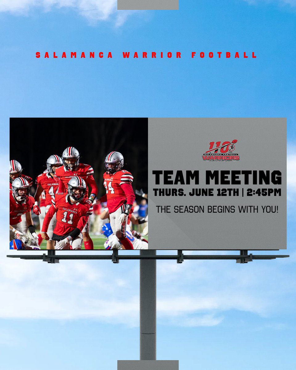 🚨 Team Meeting: 2025 Season Kickoff! 🚨

110 years of Salamanca Warrior Football 🏈
We’re not just looking for athletes—we want warriors. Leaders. Grinders. Teammates. 💪

🔥 Want to be part of something bigger? This is it.
📅 Thurs. June 12 | 2:45 PM | HS LGI

Be the legacy. 🏈