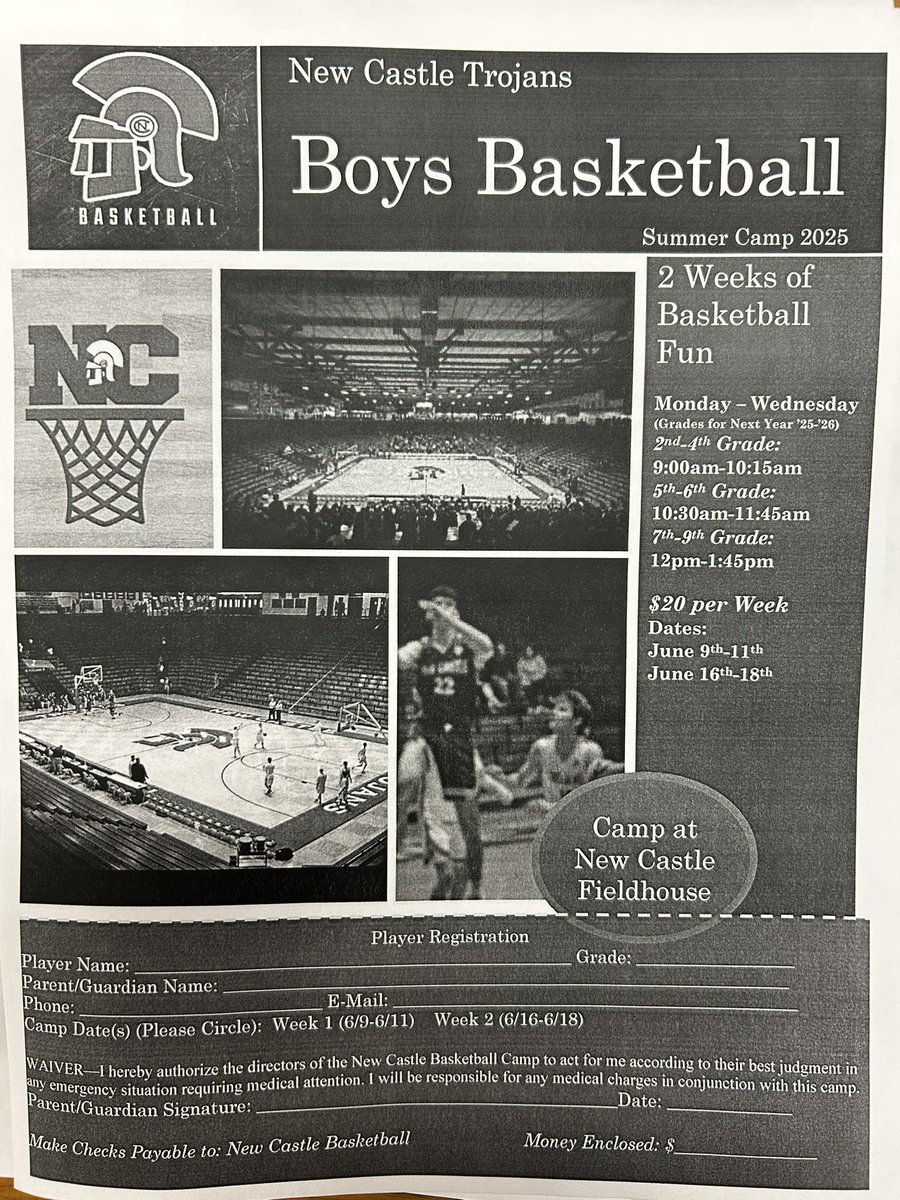 Excited to host the NC Boys Basketball Camp starting tomorrow. Youth camp will take place in the New Castle Middle School Aux Gym. Enter doors 38 and 39. See you Monday morning. <a href="/NCTrojans/">New Castle Trojans</a> <a href="/NCCSCIndiana/">NCCSC New Castle Schools Indiana</a>