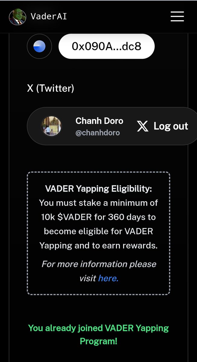 I'M A $VADER YAPPER
<a href="/VaderResearch/">Vader</a> Yapping Is Live!

If you staked at least 10k $VADER for 12 months. You will receive:

+ If you Yap about $VADER, you will write 1 get 2, you not only get eligible for Virtuals Yapping rewards (2%) but also Vader Yapping rewards (1%). 

+ $VADER