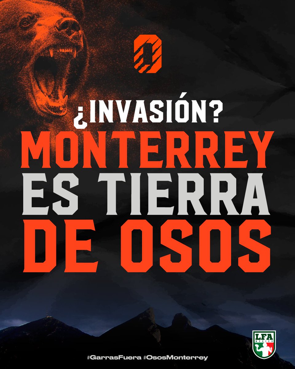 OsosLFA's tweet photo. MONTERREY ES TIERRA DE OSOS 🐻

Tribu, los esperamos en el 📍 #EstadioBanorte este 🗓 sábado 14 de junio a las ⏰ 7 PM para nuestro partido 🆚 Caudillos. 🏈

¡No habrá invasión, Monterrey es tierra de Osos! 🐾🔥

#GarrasFuera #OsosFootball #Footballisback #LFA2025 https://t.co/wUdKHoaj5h