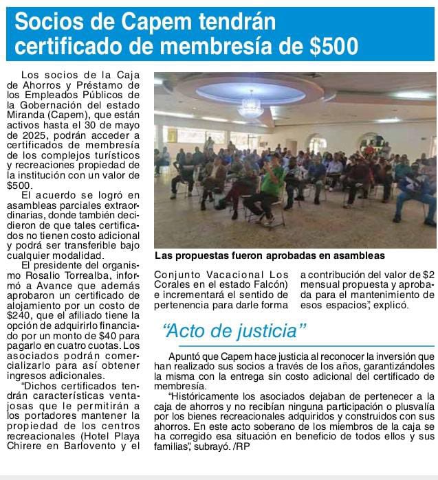 1/4 🔊 COMUNICADO ASDJPEBM
📣 ¡Buenas noticias para nuestros afiliados!

Gracias al respaldo mayoritario en las asambleas, CAPEM entregará a sus socios activos hasta el 30 de mayo de 2025 un Certificado de Membresía valorado en $500, sin costo adicional.