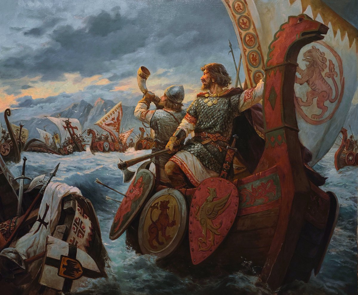 SlavicFaith's tweet photo. Borivoy - Dedicated to the battle of the Baltic Slavs against the Crusaders in 1147.  Art- A. Shishkin

"The sea is covered with painted sails, A banner from the shrine of Svantovit flutters in the wind...And steering the mighty oak" https://t.co/m6j7ycTSRI
