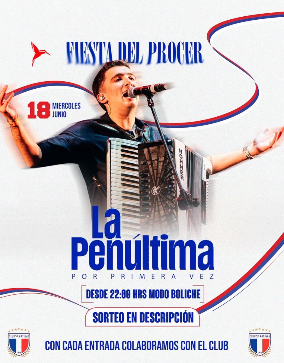 Este 18 de junio arrancamos a celebrar el Natalicio del Prócer en el pueblo con la banda del momento: La Penúltima en vivo en Plaza Garden. 

Además, con cada entrada estás colaborando con el club del pueblo 🔵⚪️🔴