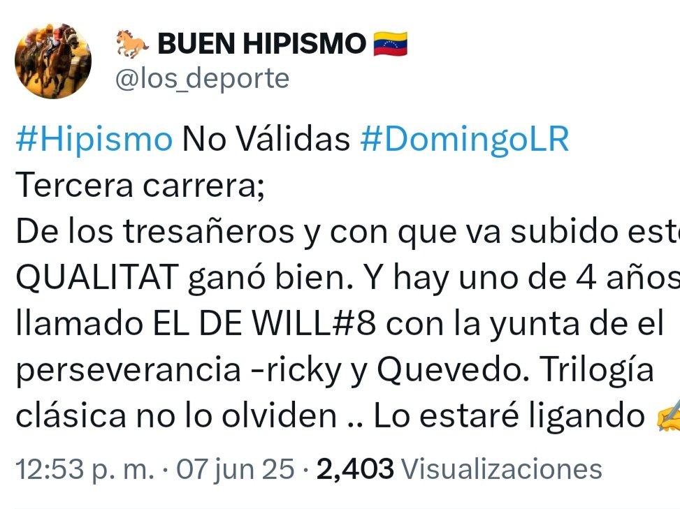 ๐๐๐ผ๐๐๐ผ๐๐ผ๐๐๐๐๐๐ผ (@johans996) on Twitter photo #hipismo #LaRinconada
Les Traigo un dato ganador Mientras ustedes le deposita cantidades de dinero a esos payasos dateros Timekepper.
Aqui tiene esta opcion totalmente gratis del amigo <a href="/los_deporte/">๐ BUEN HIPISMO ๐ป๐ช</a> solo tiene que seguirlo y conseguiras ser un ganador. #hipismo #LaRinconada
Les Traigo un dato ganador Mientras ustedes le deposita cantidades de dinero a esos payasos dateros Timekepper.
Aqui tiene esta opcion totalmente gratis del amigo <a href="/los_deporte/">๐ BUEN HIPISMO ๐ป๐ช</a> solo tiene que seguirlo y conseguiras ser un ganador.