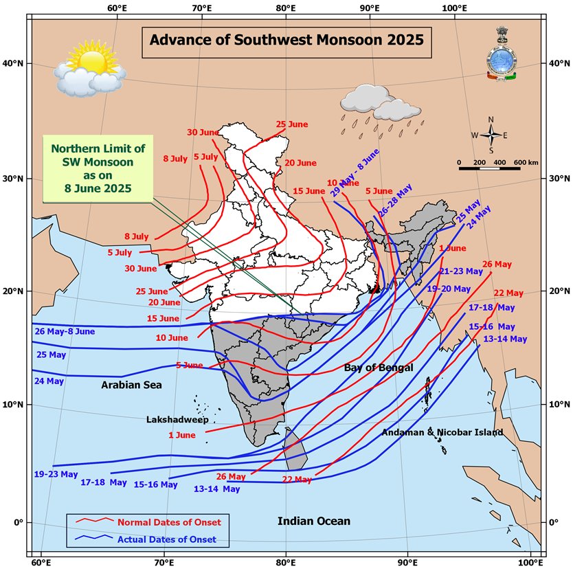 The normal monsoon onset date for North India is approximately June 25-30. Current model projections indicate a normal onset timing with a 3-day uncertainty. Therefore, June 22 to July 3 are the most likely dates for monsoon onset over North India this year, considering the