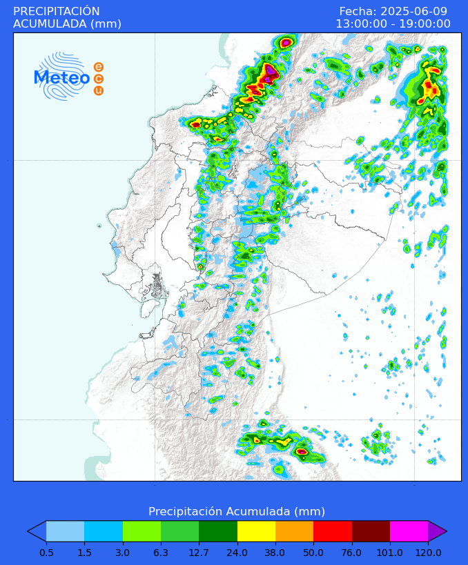 Pronóstico meteorológico de precipitación acumulada en #Ecuador para la tarde del lunes 09 de junio de 2025