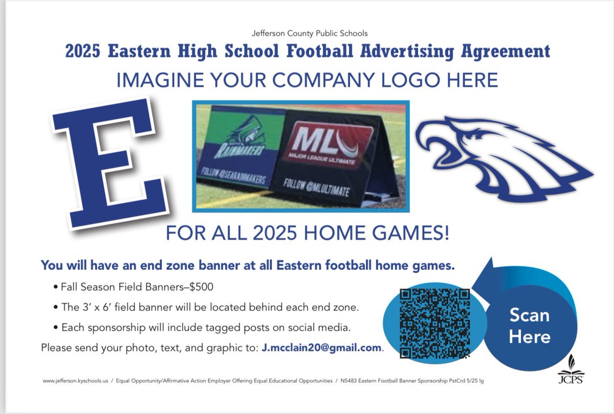 eaglesfb's tweet image. Eastern Football is looking for 2025 corporate sponsors. Scan the QR code for more information on how to support the Eagles while advertising your business!!!