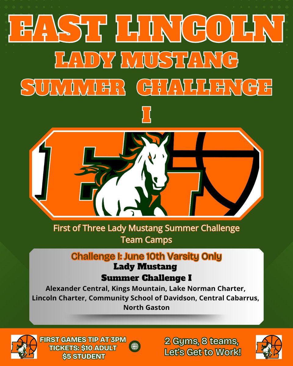 Summer Work=Winter Success!  Lady Mustang Fans, come check out the Lady Mustang Summer Challenge. 3 Nights, every Tuesday, starting June 10th. First Games tip at 3pm in both gyms. Great line up of local high school teams and talent! Next Chapter of Lady Mustang Basketball Begins!