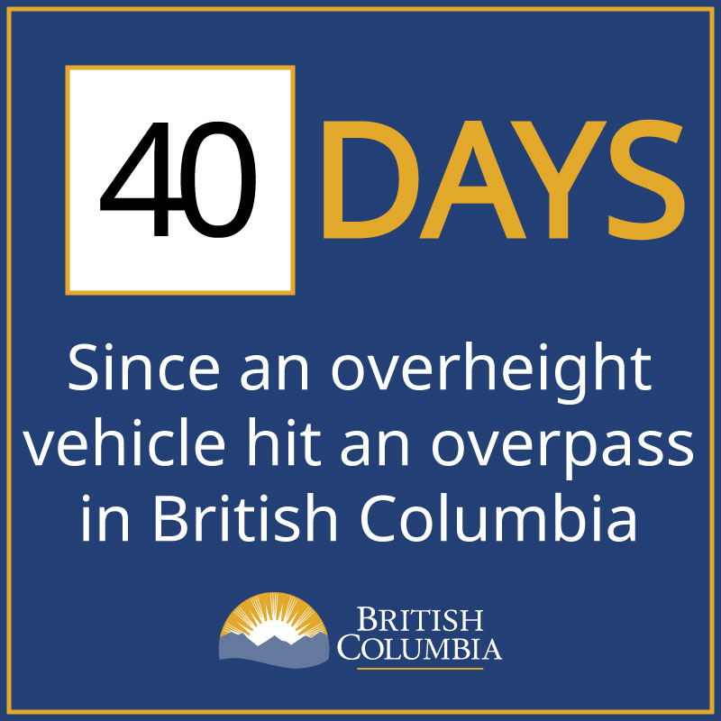 It has been 40 days since the last overheight vehicle hit a BC Overpass.

Lower Mainland Incidents YTD: 12

BC Incidents YTD: 14

Previous Record - 2 HOURS

Longest Record - 79 Days

BONUS: It has been PENDING INFORMATION days since Chohan last hit an Overpass.