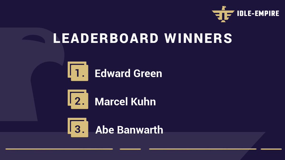 Congratulations to our weekly leaderboard winners! 🏆

$30 for the first place, $20 for the second and $10 for the third. ❤

Check the current leaderboard here: idle-empire.com/leaderboard?ut…