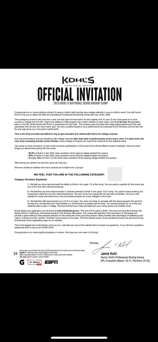 EXCITED! - <a href="/KohlsKicking/">Kohl's Kicking Camps</a> 
Thank you for the invitation to the National Scholarship Camp in Gatlinburg, TN. Looking forward to putting my best foot forward out there!