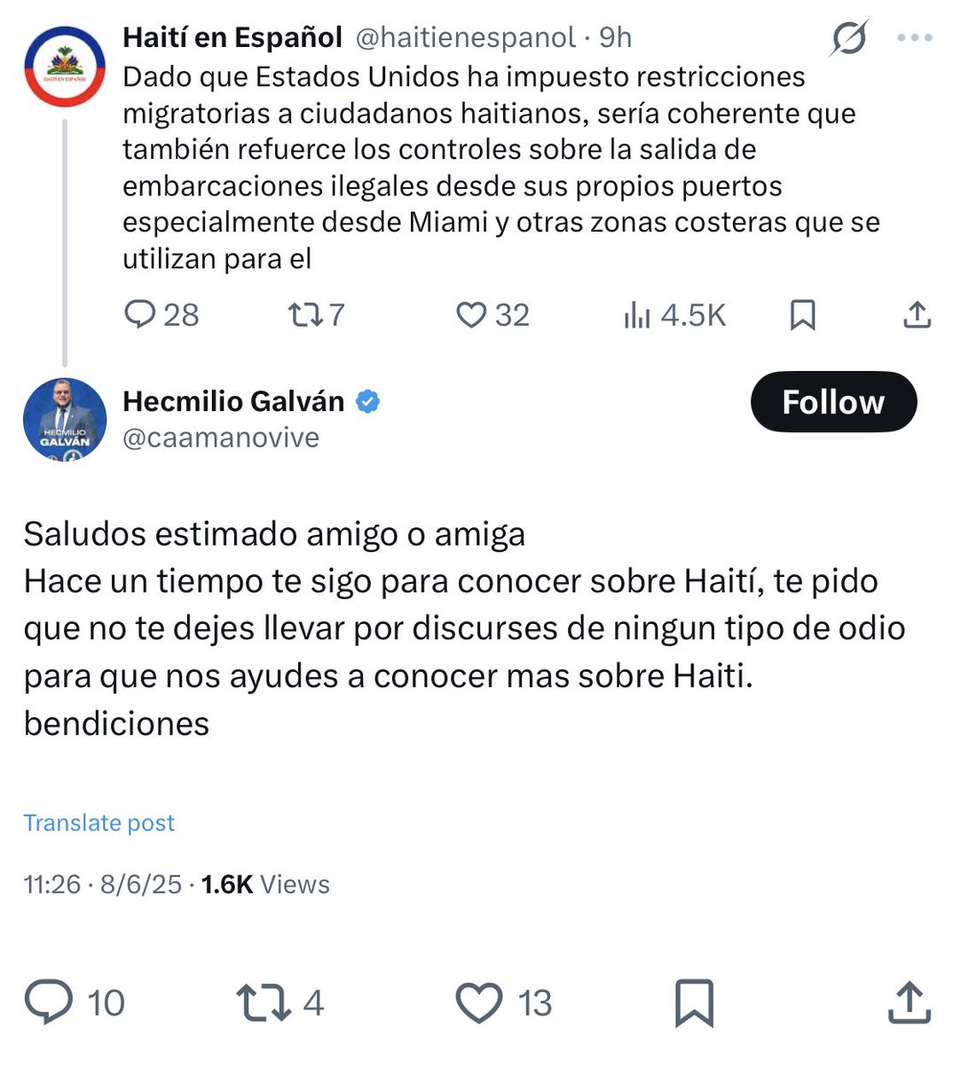 Como así <a href="/caamanovive/">Hecmilio Galván</a>? 
¿Usted no es que dirige el FEDA (Fondo Especial para el Desarrollo Agropecuario) que tuvo unos escándalos ahí? 

Además, si usted no trabaja en el MIREX, como funcionario que es… no le luce eso. Mínimo para ser funcionario del PRM hay que odiar R.D.