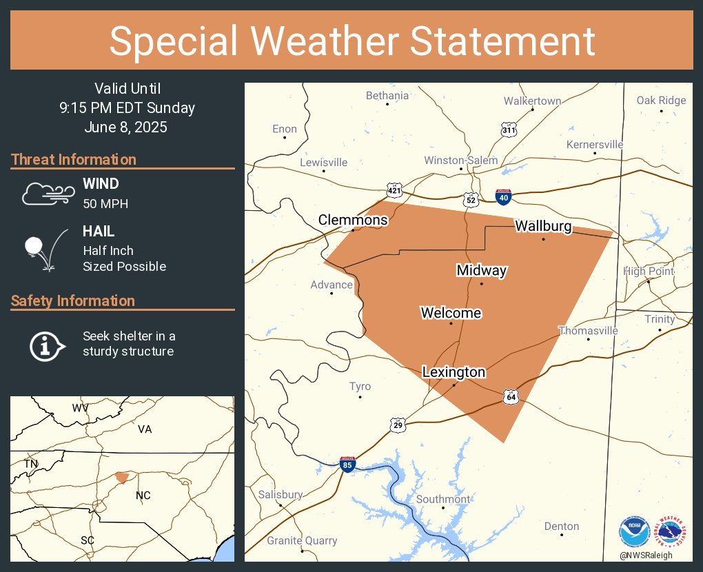 A special weather statement has been issued for Lexington NC, Clemmons NC and  Midway NC until 9:15 PM EDT