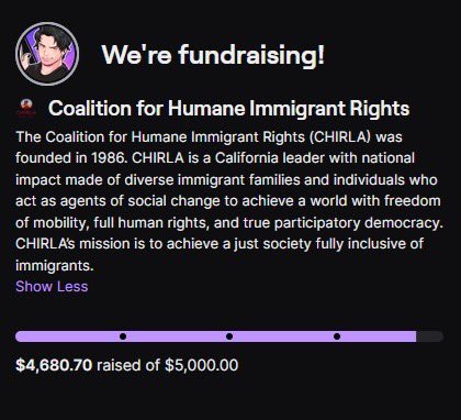 Damien Haas 🔜 Sakura-Con (@damienhaas) on Twitter photo A very successful charity stream! Thank you to this amazing community. Every stream this week will be in support of the Coalition for Humane Immigrant Rights.
If you want to support, link is here: twitch.tv/charity/damien…
Learn more about their work at chirla.org! A very successful charity stream! Thank you to this amazing community. Every stream this week will be in support of the Coalition for Humane Immigrant Rights.
If you want to support, link is here: twitch.tv/charity/damien…
Learn more about their work at chirla.org!