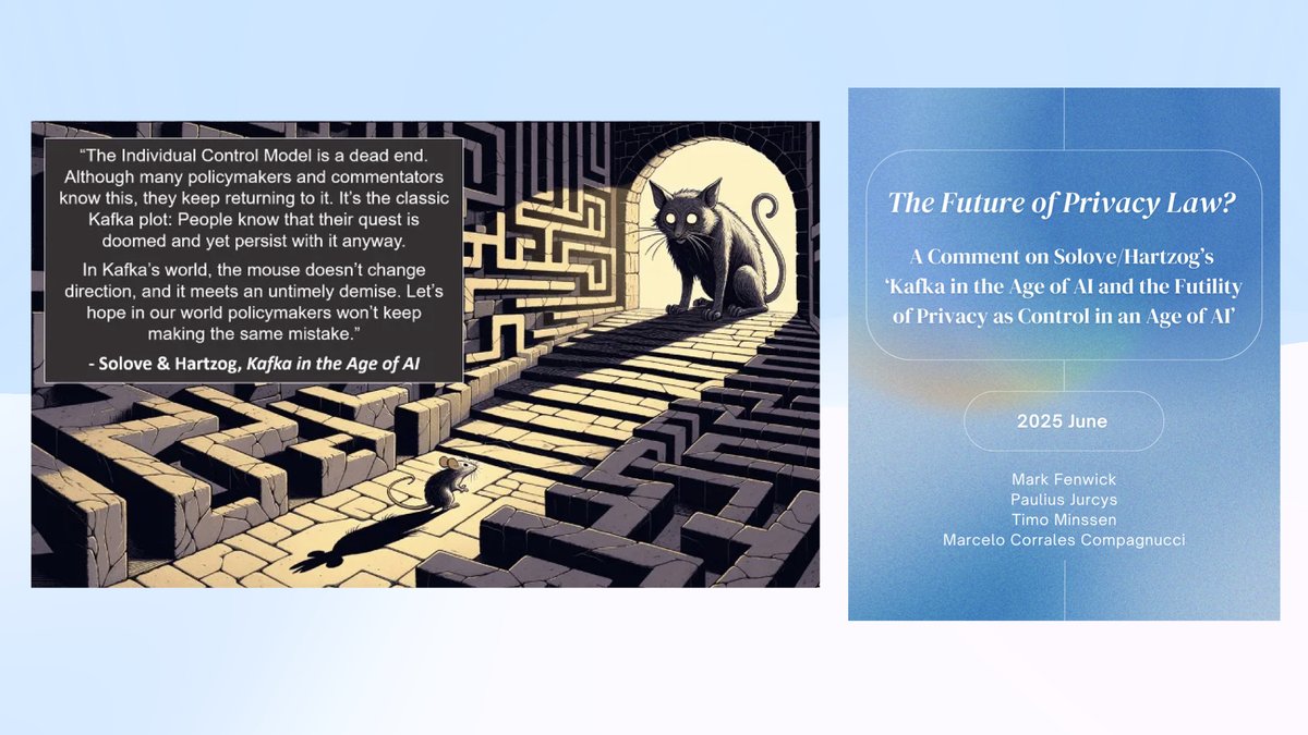 Is the concept of “privacy as control” truly dead in the age of #agenticAI? 

Here's our response to a highly provocative &amp; fascinating paper by Profs <a href="/DanielSolove/">Daniel J. Solove</a> &amp; <a href="/hartzog/">Woodrow Hartzog</a> "Kafka in the Age of AI":

papers.ssrn.com/sol3/papers.cf…

<a href="/MarceloCorCom/">Marcelo Corrales Compagnucci</a> <a href="/TiMinCeBIL/">Timo Minssen</a> <a href="/MarkFenwick12/">Mark Fenwick</a> #privacy
