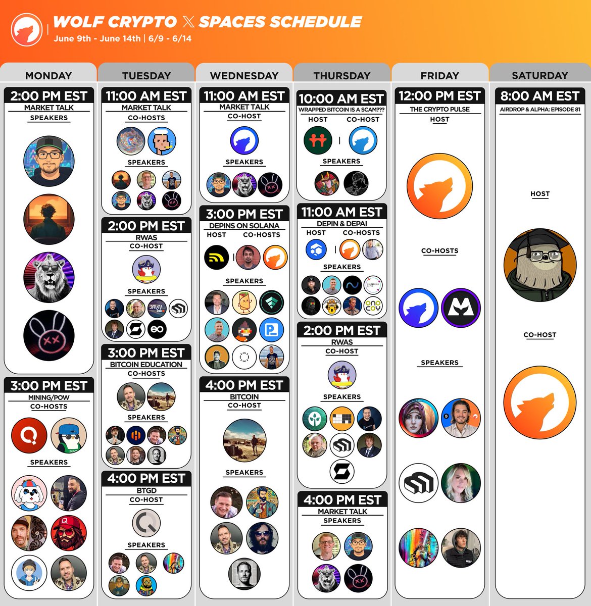 WOLF Crypto (@wolf_crypto_x) on Twitter photo WE HAVE A HUGE WEEK OF SPACES!!
Mining Ft. <a href="/QuaiNetwork/">Quai Network ⚡️💵</a>
Trading Ft. <a href="/SailorManCrypto/">Popeye</a> & crew
Bitcoin Ft. <a href="/infraa_/">Robert (infra 🏛️⌛️)</a>, <a href="/BastienSinclair/">₿astien Sinclair 💥 🐃 💥</a> & more
Which are you looking forward to? WE HAVE A HUGE WEEK OF SPACES!!
Mining Ft. <a href="/QuaiNetwork/">Quai Network ⚡️💵</a>
Trading Ft. <a href="/SailorManCrypto/">Popeye</a> & crew
Bitcoin Ft. <a href="/infraa_/">Robert (infra 🏛️⌛️)</a>, <a href="/BastienSinclair/">₿astien Sinclair 💥 🐃 💥</a> & more
Which are you looking forward to?