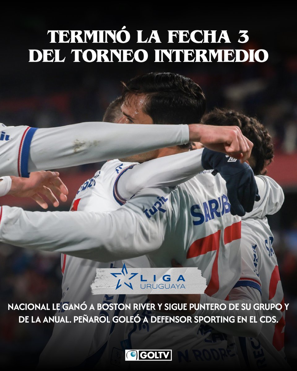 GOLTV (@goltv) on Twitter photo 🇺🇾 Finalizó la fecha 3 del Intermedio 🏆
Nacional derrotó a Boston River y se mantiene como líder de la Serie B y la Tabla Anual🔝
Peñarol venció a Defensor Sporting en el Campeón del Siglo mientras que Liverpool superó a Cerro Largo 📊
Repasa lo más importante 👉 🇺🇾 Finalizó la fecha 3 del Intermedio 🏆
Nacional derrotó a Boston River y se mantiene como líder de la Serie B y la Tabla Anual🔝
Peñarol venció a Defensor Sporting en el Campeón del Siglo mientras que Liverpool superó a Cerro Largo 📊
Repasa lo más importante 👉