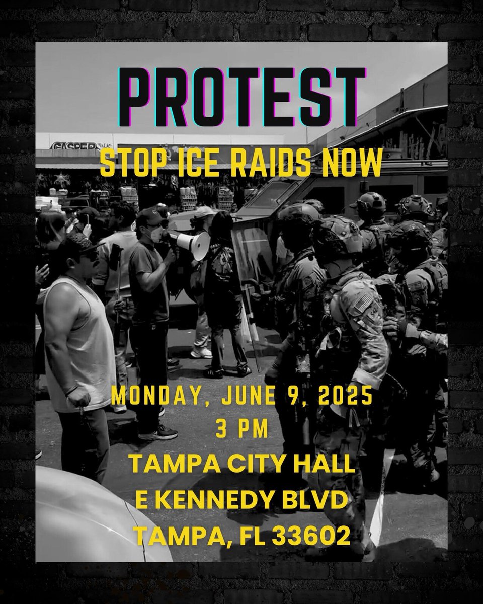 🚨 BREAKING: Left-wing group plans mass demonstration in TAMPA, FLORIDA tomorrow to cause a halting of ICE raids, at 3PM.

GOOD F-ING LUCK!

You are NOT gonna see what's happening in LA happen in Tampa FL.

We are a RED, LAW AND ORDER STATE!