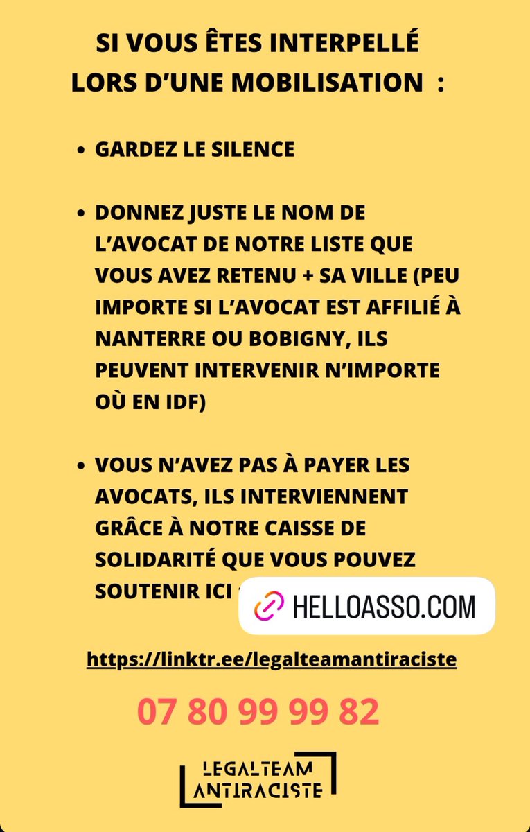 Alertes Racisme (@alertesracisme) on Twitter photo 🔴 IMPORTANT : si vous êtes interpellés dans la nuit ou le 9 et 10 juin, la Legalteam Antiraciste (<a href="/LTantiraciste/">Legal Team Antiraciste</a>) se mobilise pour vous aider.
Voilà une liste d’avocats et de gestes à retenir !
➡️ À PARTAGER ! #FreedomFlotilla 🔴 IMPORTANT : si vous êtes interpellés dans la nuit ou le 9 et 10 juin, la Legalteam Antiraciste (<a href="/LTantiraciste/">Legal Team Antiraciste</a>) se mobilise pour vous aider.
Voilà une liste d’avocats et de gestes à retenir !
➡️ À PARTAGER ! #FreedomFlotilla