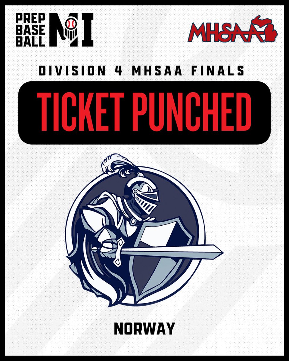 PrepBaseballMI's tweet photo. 🎟️ Punched

Congrats to the 4 Division 4 schools that completed the #RoadtoMcLane

Division 4 Semi-Finals kick off on Friday

2:30PM Portland St Pats v Norway

5PM @BaseballPCA v @GoSHSBaseball https://t.co/FjJj7oc6MN