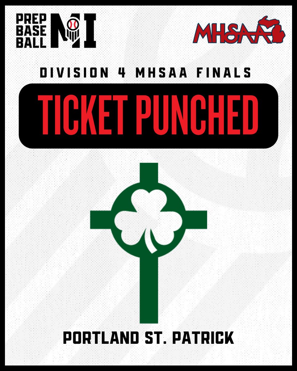 PrepBaseballMI's tweet photo. 🎟️ Punched

Congrats to the 4 Division 4 schools that completed the #RoadtoMcLane

Division 4 Semi-Finals kick off on Friday

2:30PM Portland St Pats v Norway

5PM @BaseballPCA v @GoSHSBaseball https://t.co/FjJj7oc6MN