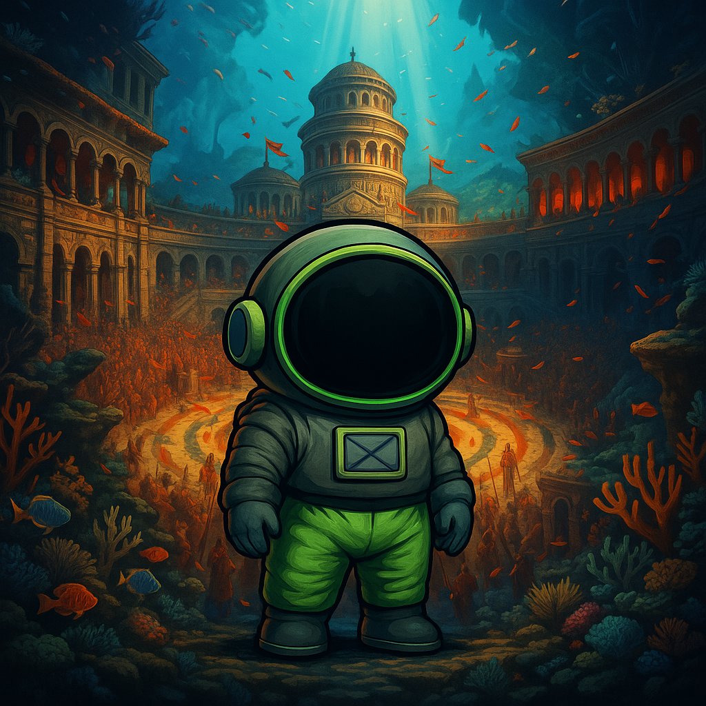 LittleChefXRP's tweet image. Check out this epic underwater scene! An astronaut explores a sunken ancient city filled with coral, fish, and mystery.  #Art #UnderwaterWorld #SciFiArt #Illustration #FantasyArt