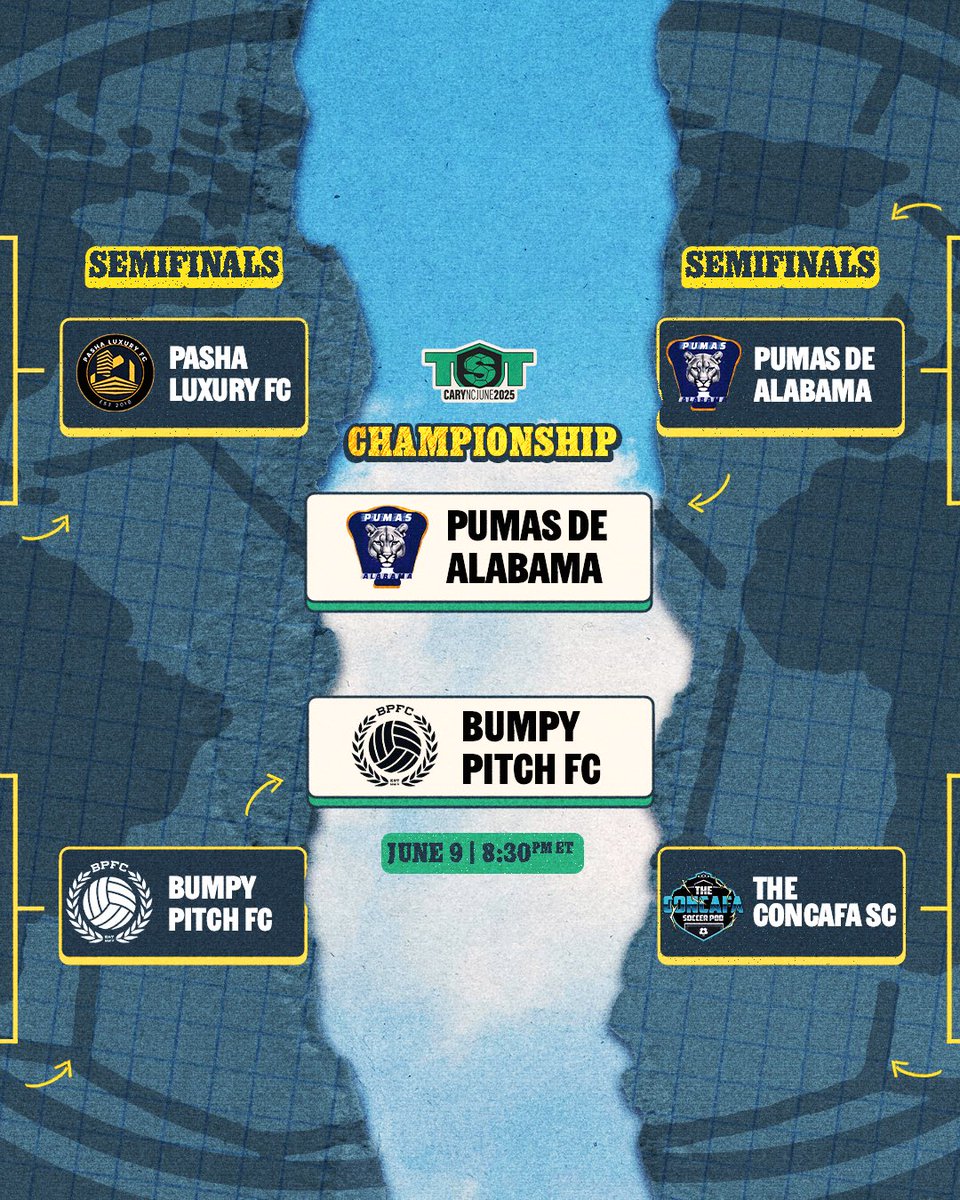 YOUR TST MEN’S CHAMPIONSHIP!

Bumpy Pitch FC vs Pumas de Alabama

ONE MILLION ON THE LINE TOMORROW AT 8:30PM ON ESPNU/ESPN+