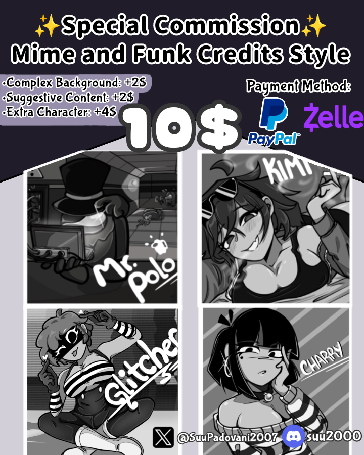 Para celebrar el lanzamiento del mod “Funk Mime and Dash” abro comisiones al estilo de los créditos del mod, los personajes pueden ser OCs o personajes ya existentes de una serie/juego
Interesados contactarme a mi MD o vía discord 

#comission #comissionsopen  #art #fanart