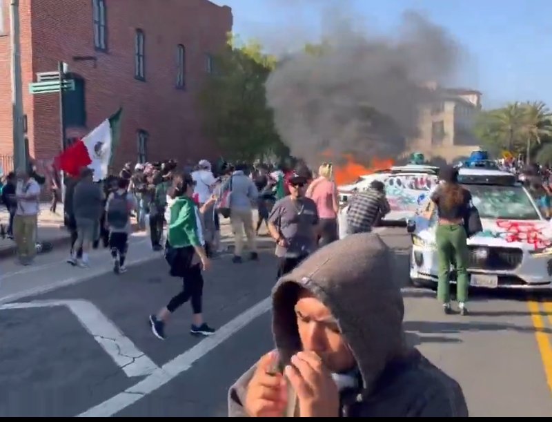 Schizointel's tweet photo. The Waymo Massacre of June 8th 2025 at least 4 brutally vandalized and destroyed https://t.co/sIkKEaYfOh