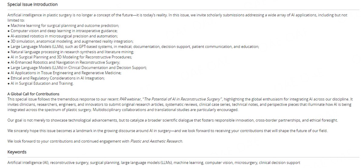 Plast Aesthet Res (@parjournal) on Twitter photo 🚀 Call for Papers!
Join us in exploring how the #AI era is transforming #aesthetic and #reconstructivesurgery! Whether you’ve already researched or are just getting started, we’d love to hear from you!
🔍 Contact us: Lilian@parjournal.net
👉Learn more: oaepublish.com/specials/par.1… 🚀 Call for Papers!
Join us in exploring how the #AI era is transforming #aesthetic and #reconstructivesurgery! Whether you’ve already researched or are just getting started, we’d love to hear from you!
🔍 Contact us: Lilian@parjournal.net
👉Learn more: oaepublish.com/specials/par.1…