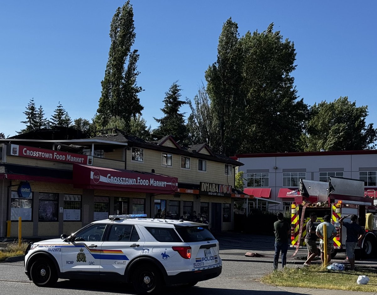 Building containing #SurreyBC's Dhaba Dosa Indian Grill and the Crosstown Food Market has been badly damaged in a Sunday afternoon fire. 2nd floor residences gutted in blaze at 60 Ave and 196 Street.