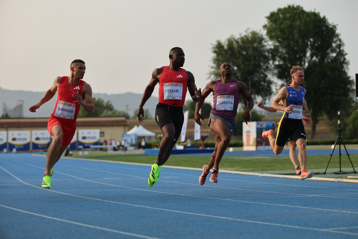 Emmanuel Eseme🇨🇲 wins the men's 100m at the Internazionale Citta di Lucca. He sets a new meeting record at 10.05s (1.9). This is after his 9.99 SB at the Rome Diamond League. 
 "...I am grateful to God I was able to accomplish this record without injury" 🎙 Eseme