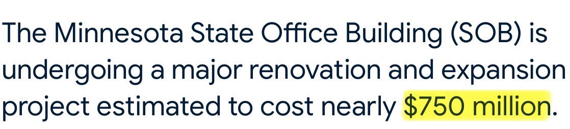 For perspective - the bonding bill being proposed for projects ALL ACROSS Minnesota is $50 Million LESS than the single government building renovation that one party is forcing taxpayers to fund. Remember that as taxes &amp; fees increase while truly necessary priorities go unfunded.