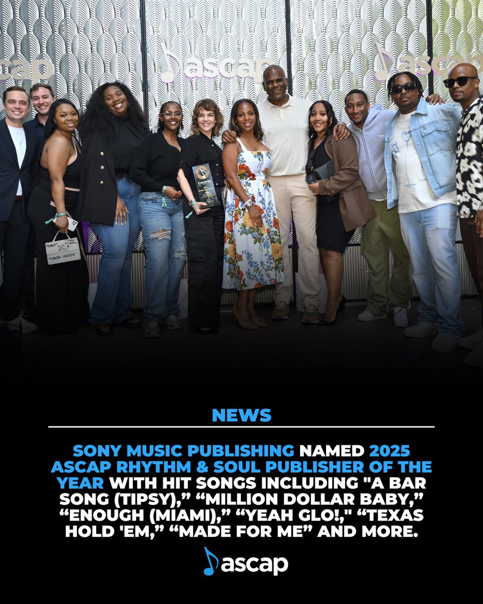 ASCAP (@ascap) on Twitter photo Sony Music Publishing was named 🏆 ASCAP Rhythm & Soul Publisher of the Year! Congrats, <a href="/SonyMusicPub/">Sony Music Publishing</a>.
🌟 “A Bar Song (Tipsy)” (Shaboozey)
🌟 “Million Dollar Baby” (Tommy Richman)
🌟 “Enough (Miami)” (Cardi B)
🌟 “Yeah Glo!” (GloRilla)
🌟 “Texas Hold ‘Em” (Beyoncé)
& more! Sony Music Publishing was named 🏆 ASCAP Rhythm & Soul Publisher of the Year! Congrats, <a href="/SonyMusicPub/">Sony Music Publishing</a>.
🌟 “A Bar Song (Tipsy)” (Shaboozey)
🌟 “Million Dollar Baby” (Tommy Richman)
🌟 “Enough (Miami)” (Cardi B)
🌟 “Yeah Glo!” (GloRilla)
🌟 “Texas Hold ‘Em” (Beyoncé)
& more!