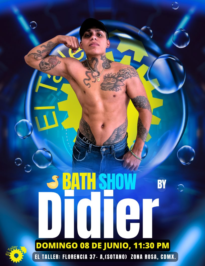 💦 Domingo 8 de junio en El Taller 💦

Prepárate para un espectáculo lleno de agua, espuma y sensualidad con el Bath Show de Didier.
Una experiencia provocadora que solo puedes vivir en nuestro concepto Solo para Hombres. 🔥🧼

⏰ 11:30 PM
📍 Florencia 37-A, Zona Rosa (Sótano)
