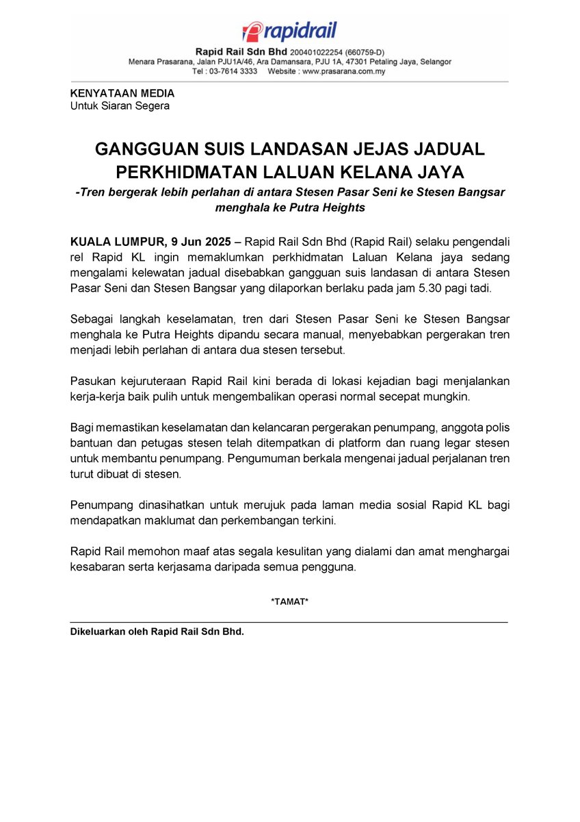 askrapidkl's tweet photo. Kenyataan Media

GANGGUAN SUIS LANDASAN JEJAS JADUAL PERKHIDMATAN LALUAN KELANA JAYA

-Tren bergerak lebih perlahan di antara Stesen Pasar Seni ke Stesen Bangsar menghala ke Putra Heights https://t.co/Q0SUu7QjEP
