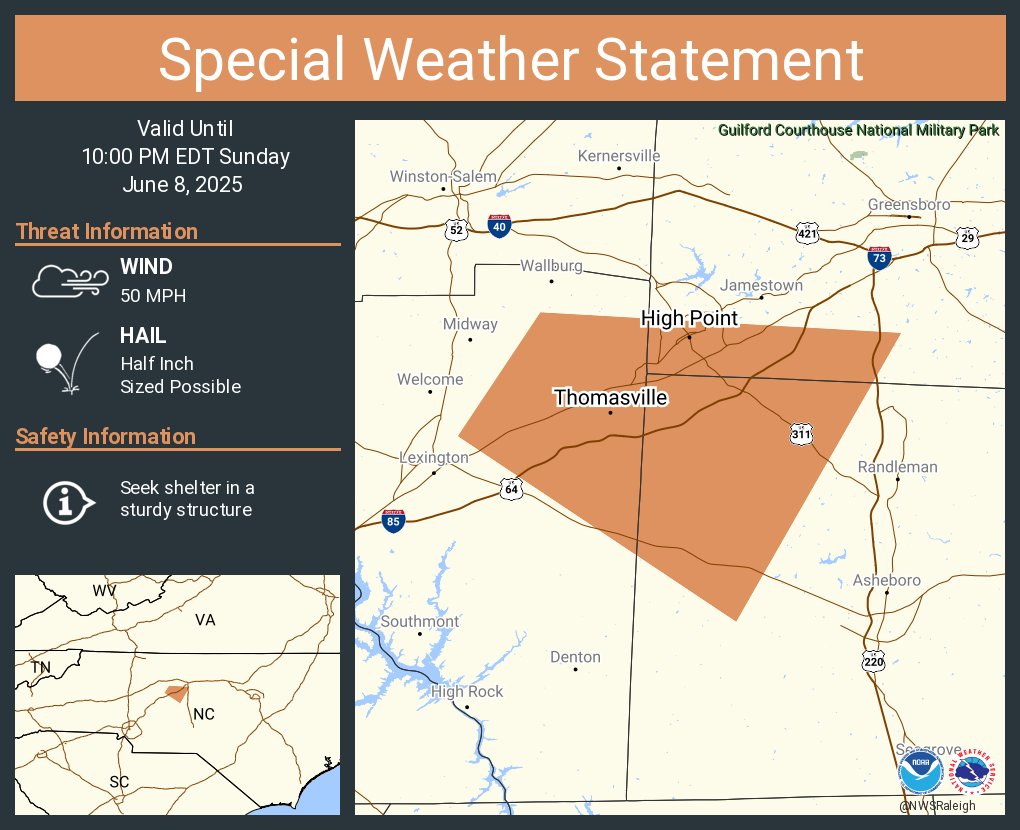 A special weather statement has been issued for High Point NC, Thomasville NC and  Archdale NC until 10:00 PM EDT