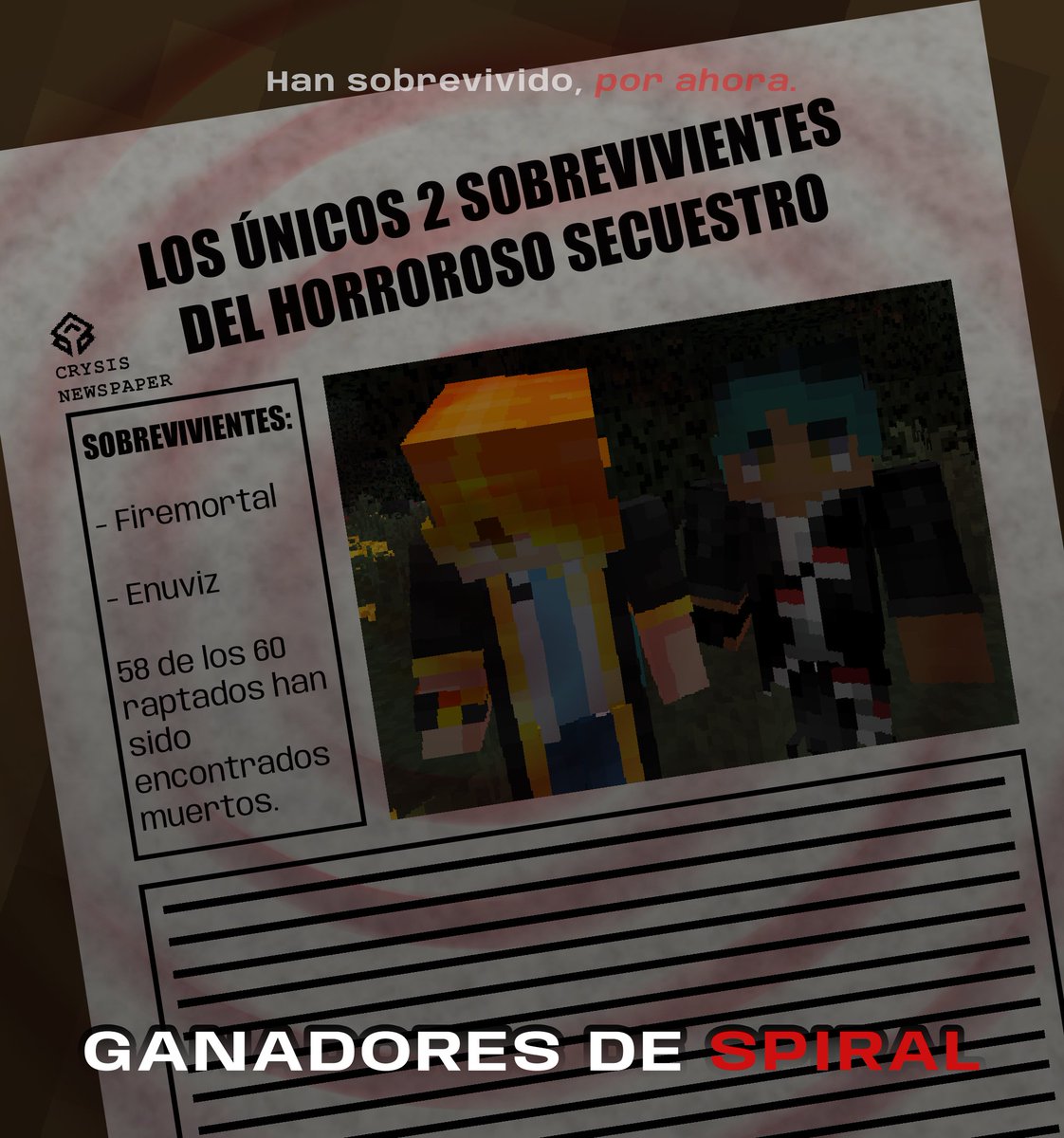 Llegaron al final, colaboraron y cedieron su egoísmo por su supervivencia... 🔪

Felicidades a <a href="/firemortal10/">🔥Firemortal10🧉</a>  y <a href="/Enuviz_/">𝐄𝐧𝐮𝐯𝐢𝐳 🍏</a> por ganar nuestro último evento, SPIRAL. 😵‍💫

Dios los ampare, porque puede que esto suceda otra vez...