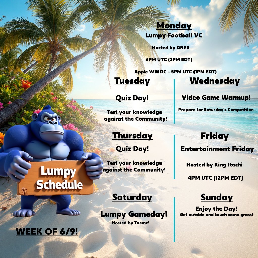 🚨🚨 SCHEDULE ALERT! 🚨🚨

Check out this week's action packed schedule!! Don't forget WWDC is Monday for all of you Apple fans out there. Come join us on Telegram! You will be glad you did!

Telegram: t.me/LumpyCTO

Buy. HODL. Build. $Lumpy 🤝