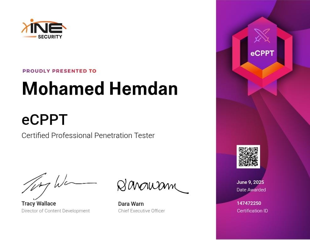 الحمدلله حمدا كثيرا طيبا مباركا فيه I'm glad to announce that i became officially a certified professional penetration tester 🎉💯

و طبعا الفضل كله يرجع اولا لربنا ثم <a href="/KINGSABRI/">𝓢𝓪𝓫𝓻𝓲</a>
اخويا الكبير و ابويا 
و مقدرش انسي مساعده اخويا <a href="/0xTurkiNeptune/">0xTurki</a>