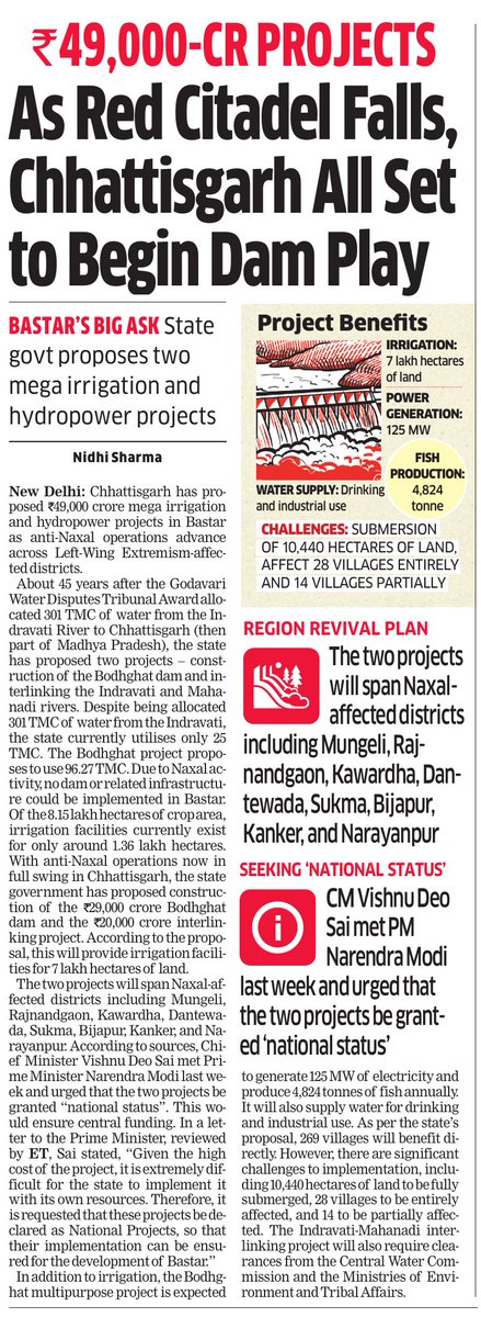 Nidhi (@nidhi_sharma) on Twitter photo As anti-Naxal ops go on in full swing, Chhattisgarh pitches 2 mega Rs 49,000 crore irrigation projects for Bastar region. Chief minister <a href="/vishnudsai/">Vishnu Deo Sai</a> seeks "national project" status for Bodhghat dam and Indravati-Mahanadi interlinking project. The 2 projects will help irrigate 7 As anti-Naxal ops go on in full swing, Chhattisgarh pitches 2 mega Rs 49,000 crore irrigation projects for Bastar region. Chief minister <a href="/vishnudsai/">Vishnu Deo Sai</a> seeks "national project" status for Bodhghat dam and Indravati-Mahanadi interlinking project. The 2 projects will help irrigate 7